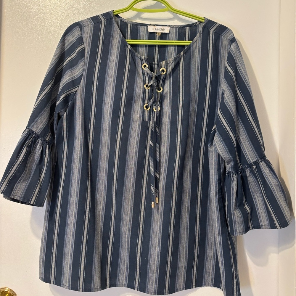 3 for $15😍 Calvin Klein Blue Striped Lace-Up Blouse